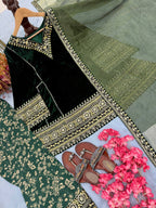 Mahzareen Pure Viscose Velvet Embroidered Top with Farshi Palazzo and Chanderi Dupatta