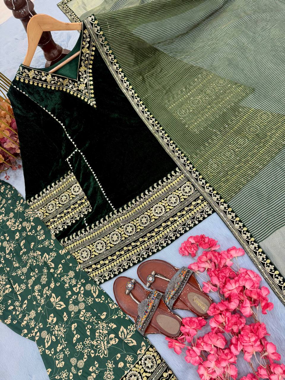 Mahzareen Pure Viscose Velvet Embroidered Top with Farshi Palazzo and Chanderi Dupatta