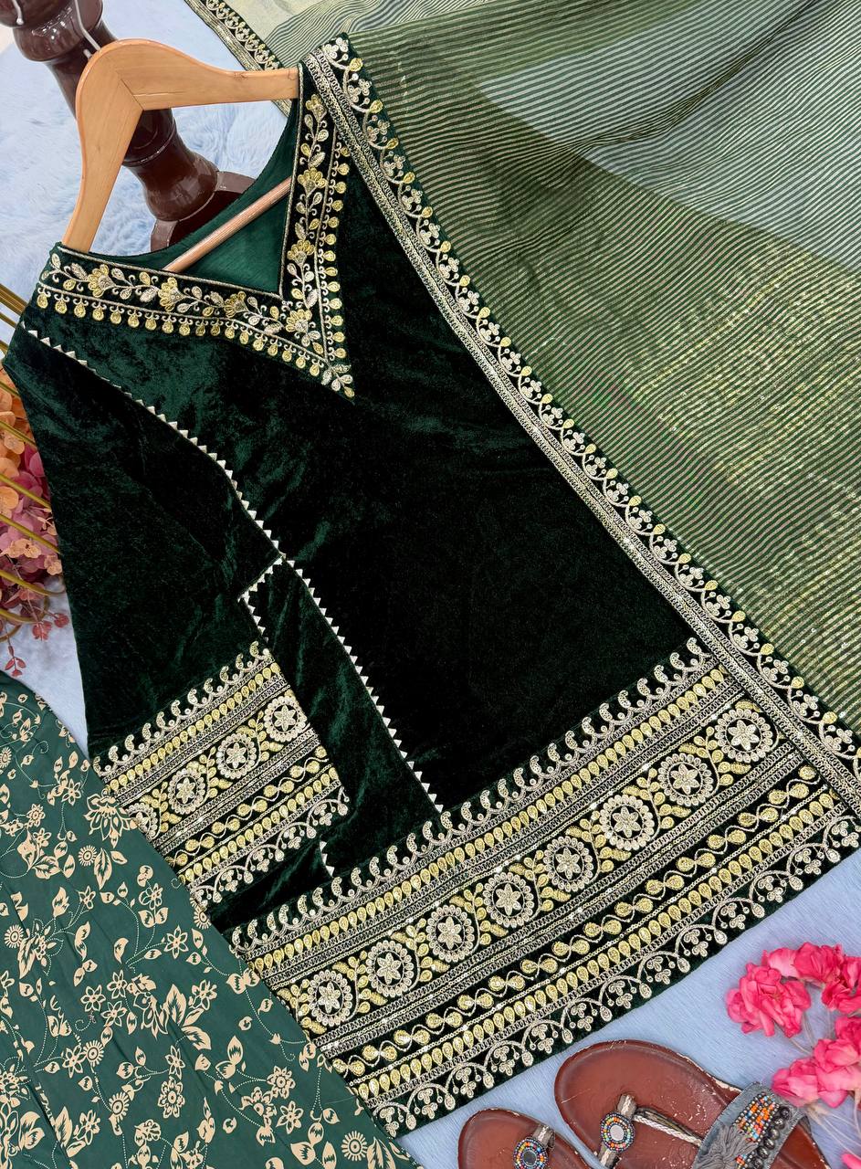 Mahzareen Pure Viscose Velvet Embroidered Top with Farshi Palazzo and Chanderi Dupatta