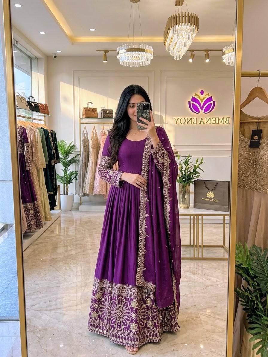 Mahira Chinon Silk Real Mirror Embroidered Anarkali with Pant & Dupatta