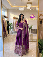 Mahira Chinon Silk Real Mirror Embroidered Anarkali with Pant & Dupatta
