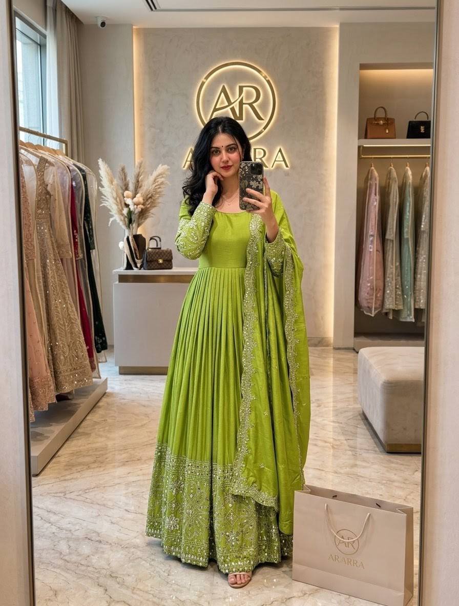 Mahira Chinon Silk Real Mirror Embroidered Anarkali with Pant & Dupatta