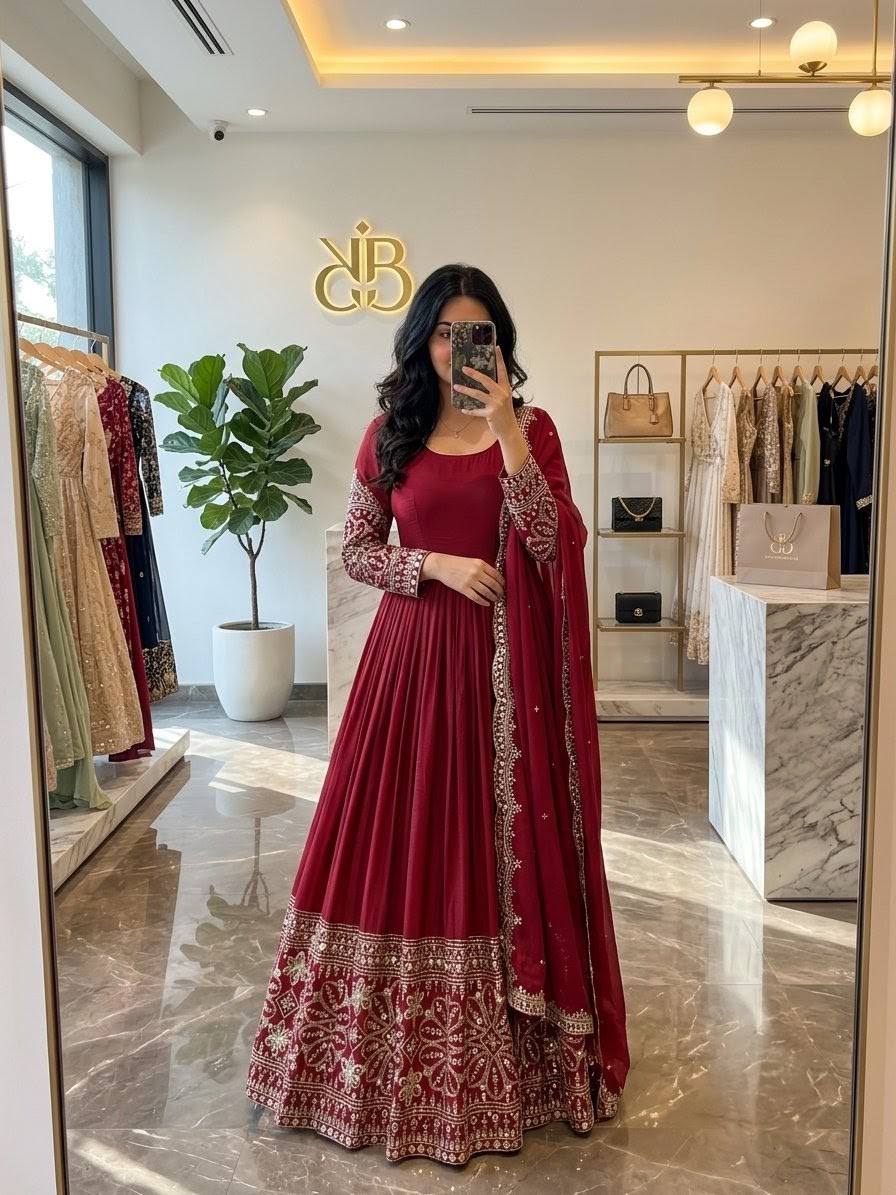 Mahira Chinon Silk Real Mirror Embroidered Anarkali with Pant & Dupatta