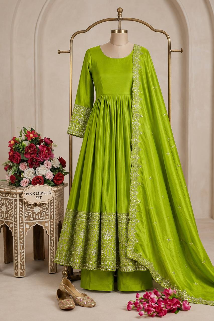 Mahira Chinon Silk Real Mirror Embroidered Anarkali with Pant & Dupatta