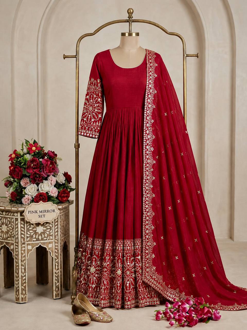 Mahira Chinon Silk Real Mirror Embroidered Anarkali with Pant & Dupatta