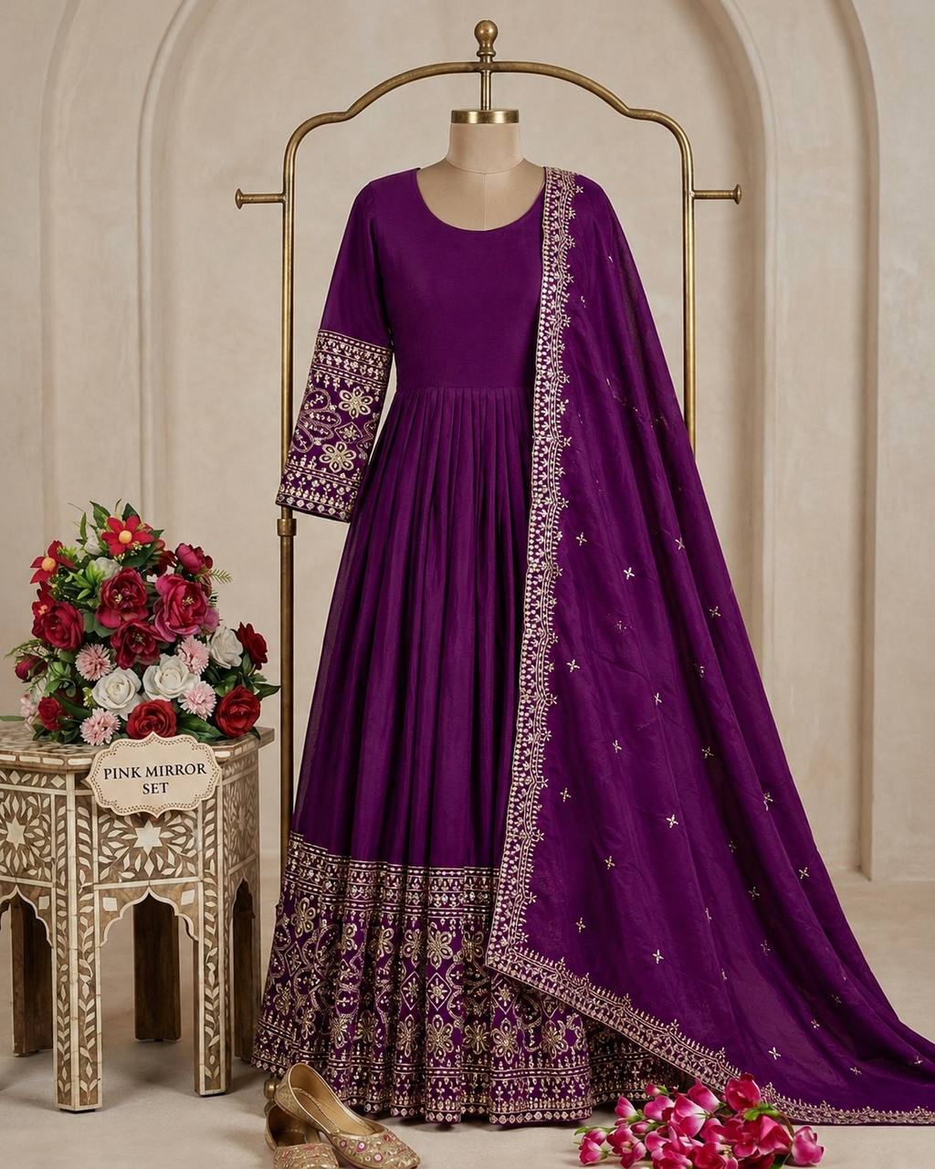 Mahira Chinon Silk Real Mirror Embroidered Anarkali with Pant & Dupatta