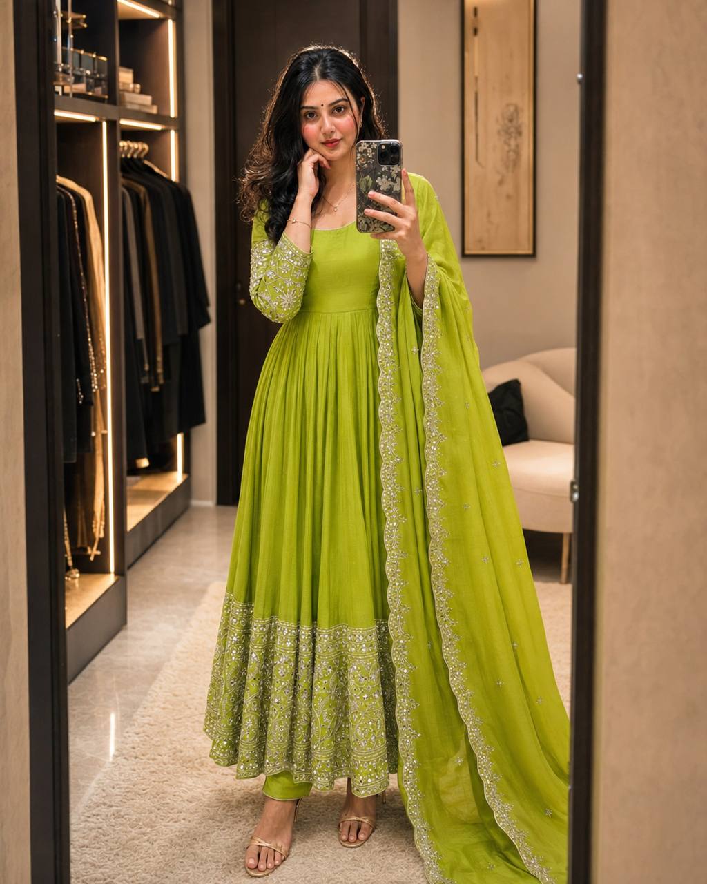 Mahira Chinon Silk Real Mirror Embroidered Anarkali with Pant & Dupatta