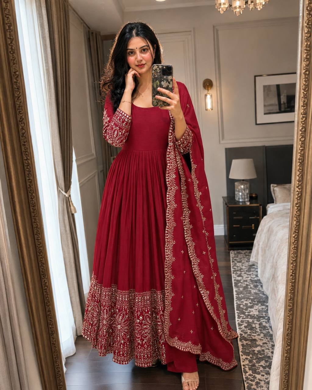 Mahira Chinon Silk Real Mirror Embroidered Anarkali with Pant & Dupatta