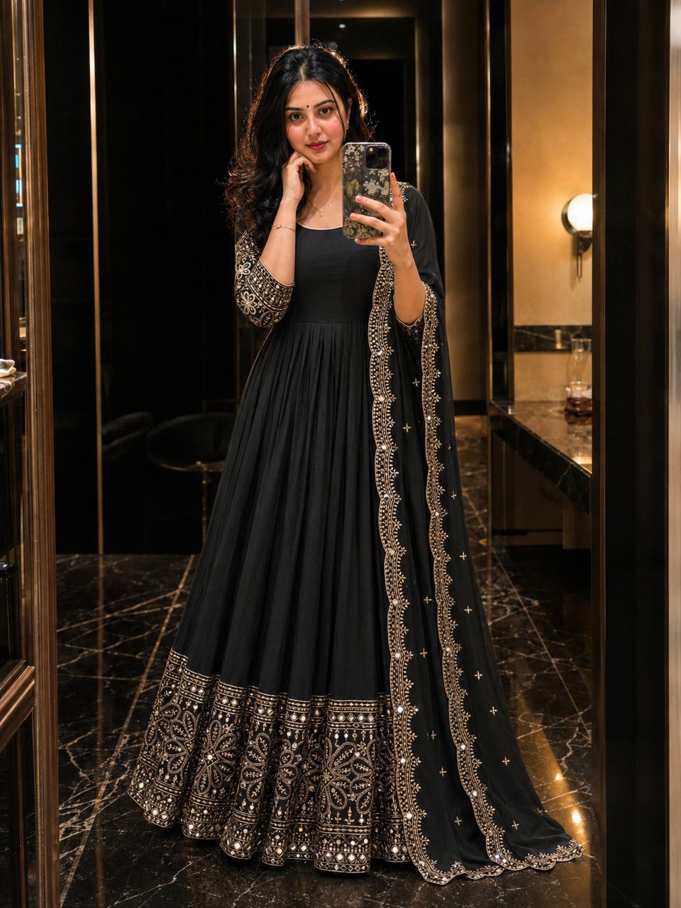 Mahira Chinon Silk Real Mirror Embroidered Anarkali with Pant & Dupatta