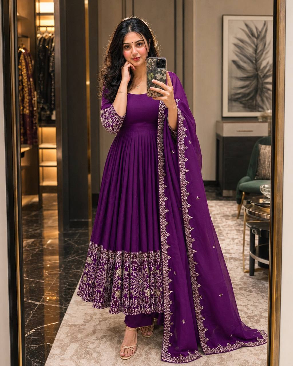 Mahira Chinon Silk Real Mirror Embroidered Anarkali with Pant & Dupatta