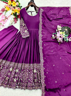 Mahira Chinon Silk Real Mirror Embroidered Anarkali with Pant & Dupatta