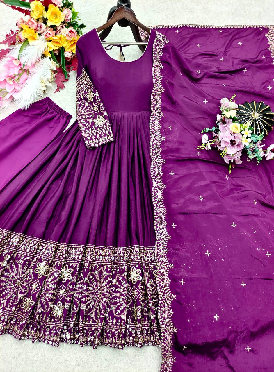 Mahira Chinon Silk Real Mirror Embroidered Anarkali with Pant & Dupatta
