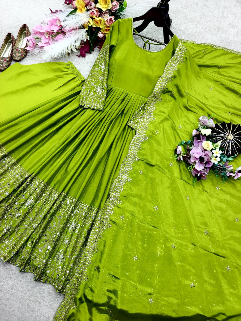 Mahira Chinon Silk Real Mirror Embroidered Anarkali with Pant & Dupatta