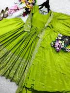 Mahira Chinon Silk Real Mirror Embroidered Anarkali with Pant & Dupatta