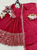 Mahira Chinon Silk Real Mirror Embroidered Anarkali with Pant & Dupatta