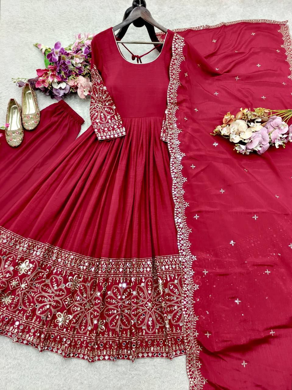 Mahira Chinon Silk Real Mirror Embroidered Anarkali with Pant & Dupatta