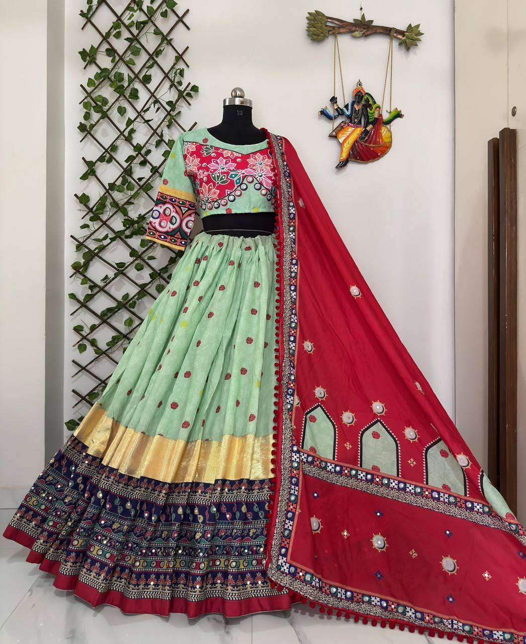 Vaishnavi Muslin Cotton Digital Print Real Mirror Work Lehenga Choli with Dupatta