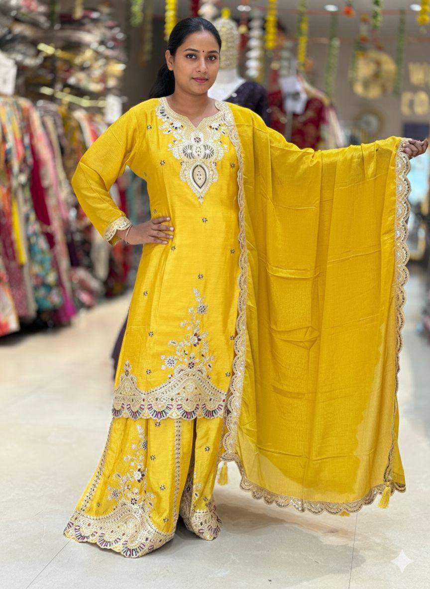 Premium Chinon Palazzo Set with Coding & Sequence Embroidery Work