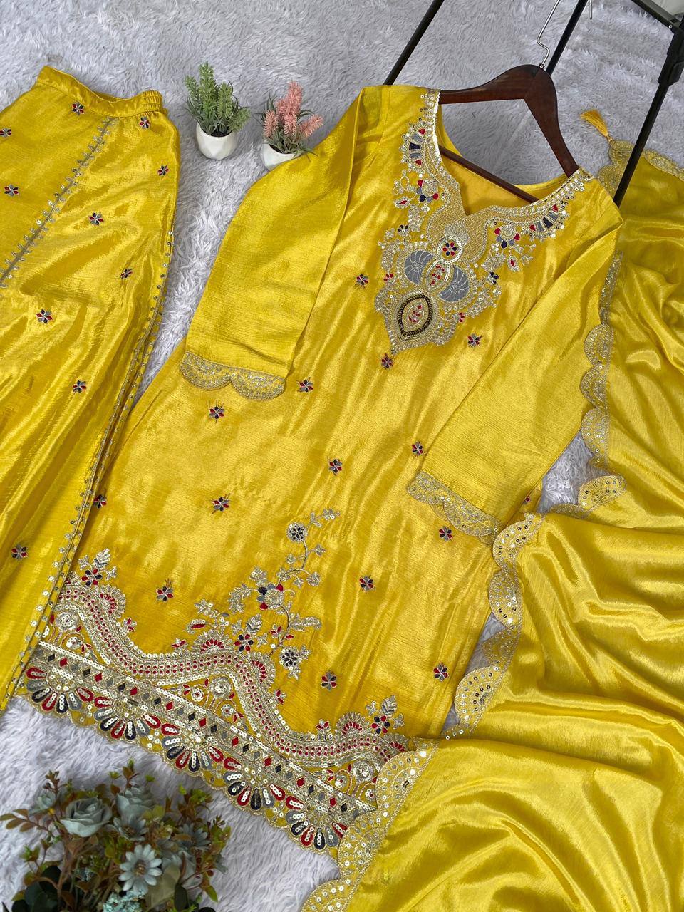 Premium Chinon Palazzo Set with Coding & Sequence Embroidery Work