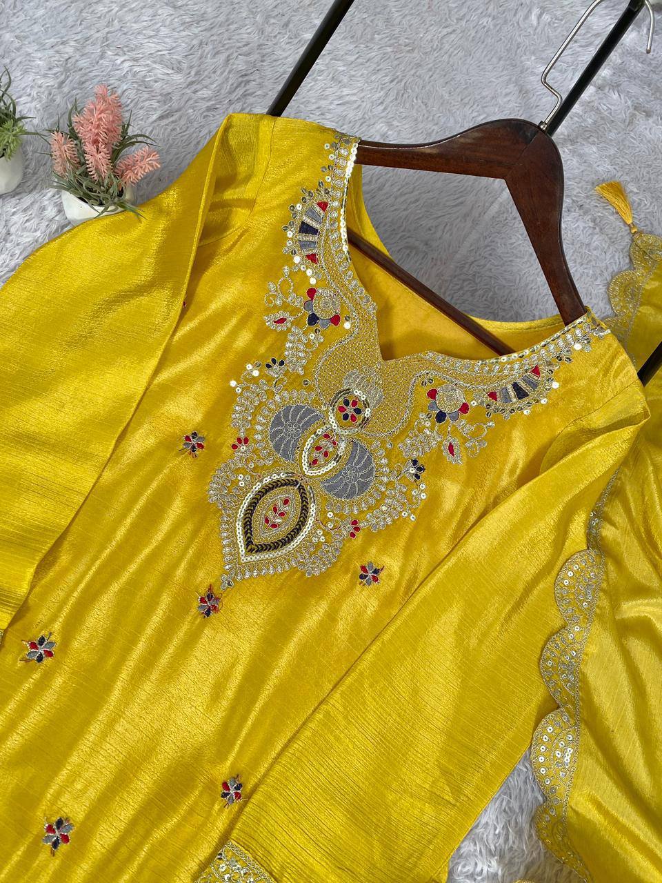 Premium Chinon Palazzo Set with Coding & Sequence Embroidery Work