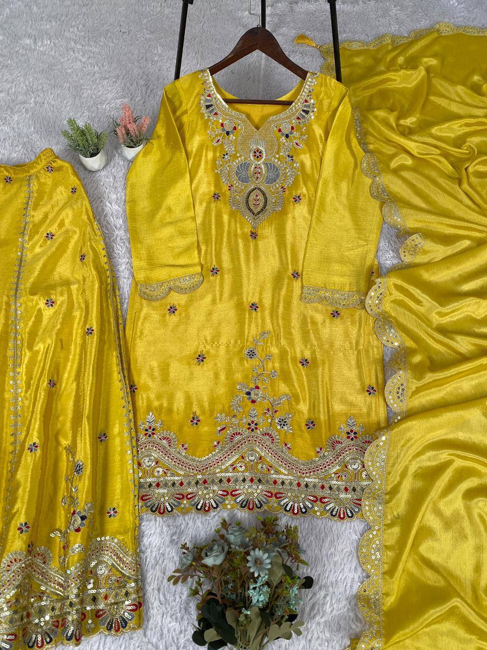 Premium Chinon Palazzo Set with Coding & Sequence Embroidery Work
