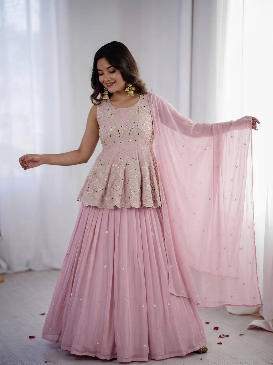 Nayantara Faux Georgette Silk Embroidered Lehenga Set with Dupatta