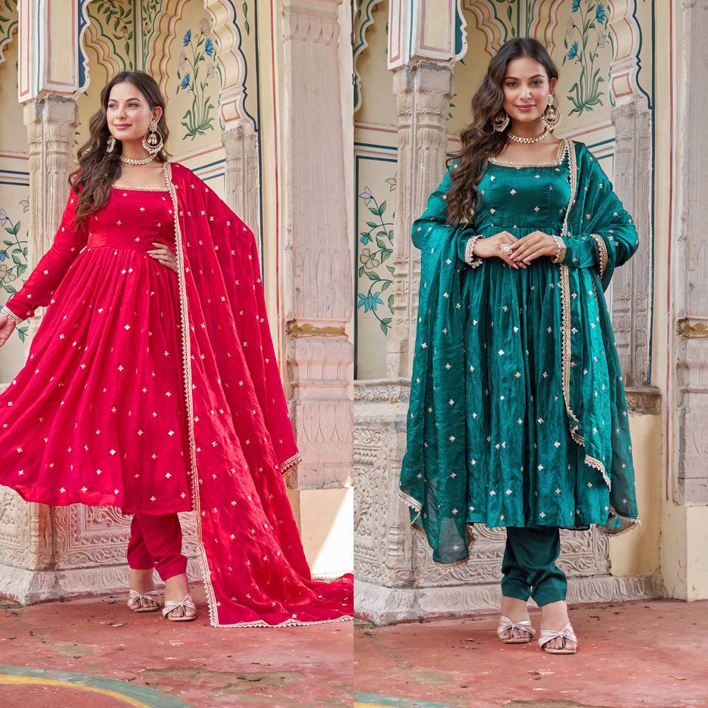 Royal Fendi Silk Anarkali Set with Embroidered Sequins & Fancy Lace Dupatta