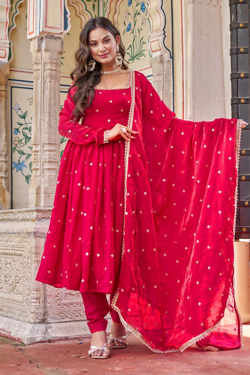 Royal Fendi Silk Anarkali Set with Embroidered Sequins & Fancy Lace Dupatta