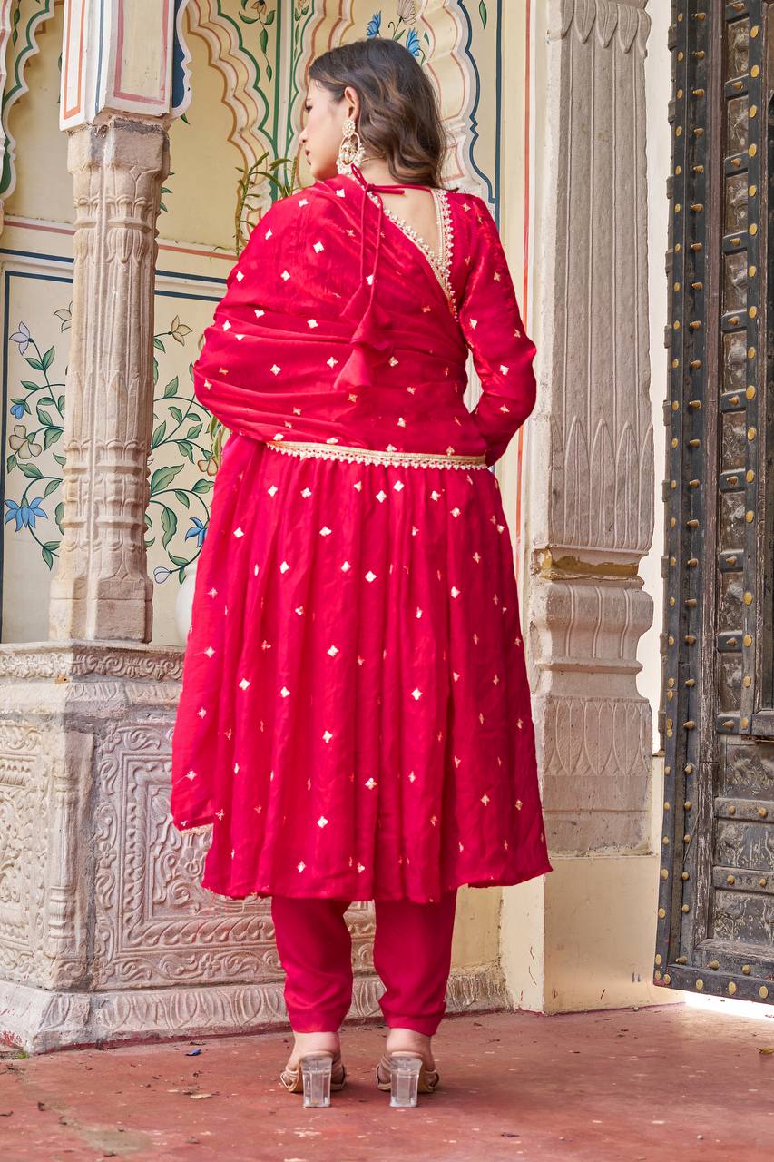 Royal Fendi Silk Anarkali Set with Embroidered Sequins & Fancy Lace Dupatta
