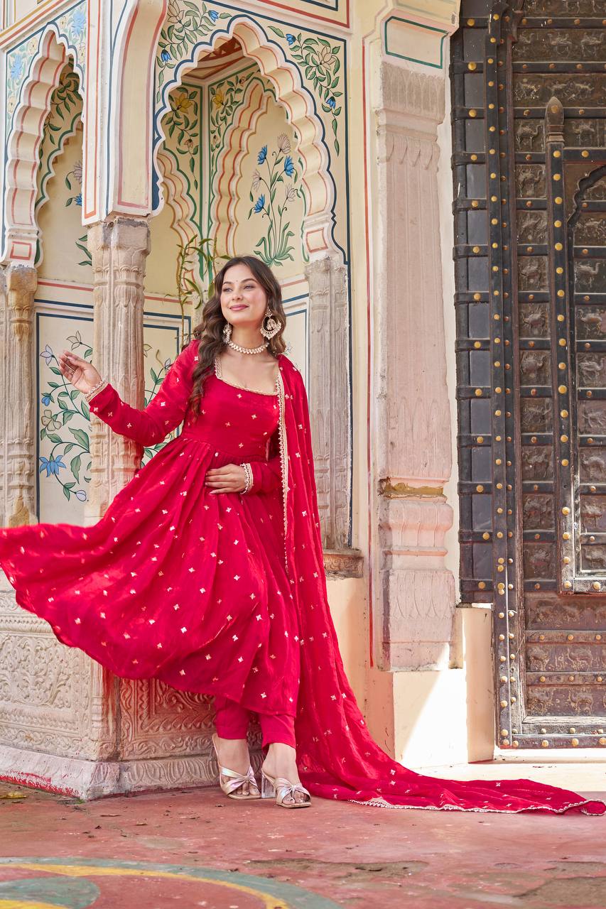 Royal Fendi Silk Anarkali Set with Embroidered Sequins & Fancy Lace Dupatta