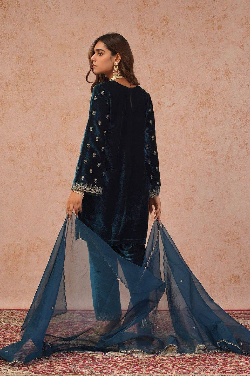 Designer Velvet Embroidered Palazzo Suit with Organza Dupatta