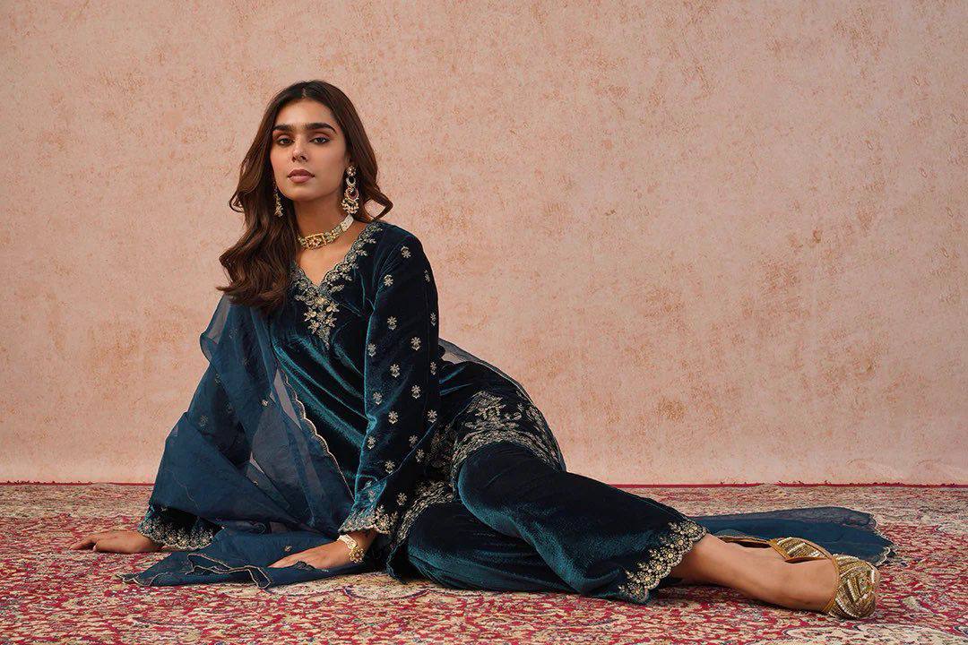 Designer Velvet Embroidered Palazzo Suit with Organza Dupatta