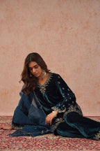 Designer Velvet Embroidered Palazzo Suit with Organza Dupatta
