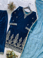 Designer Velvet Embroidered Palazzo Suit with Organza Dupatta