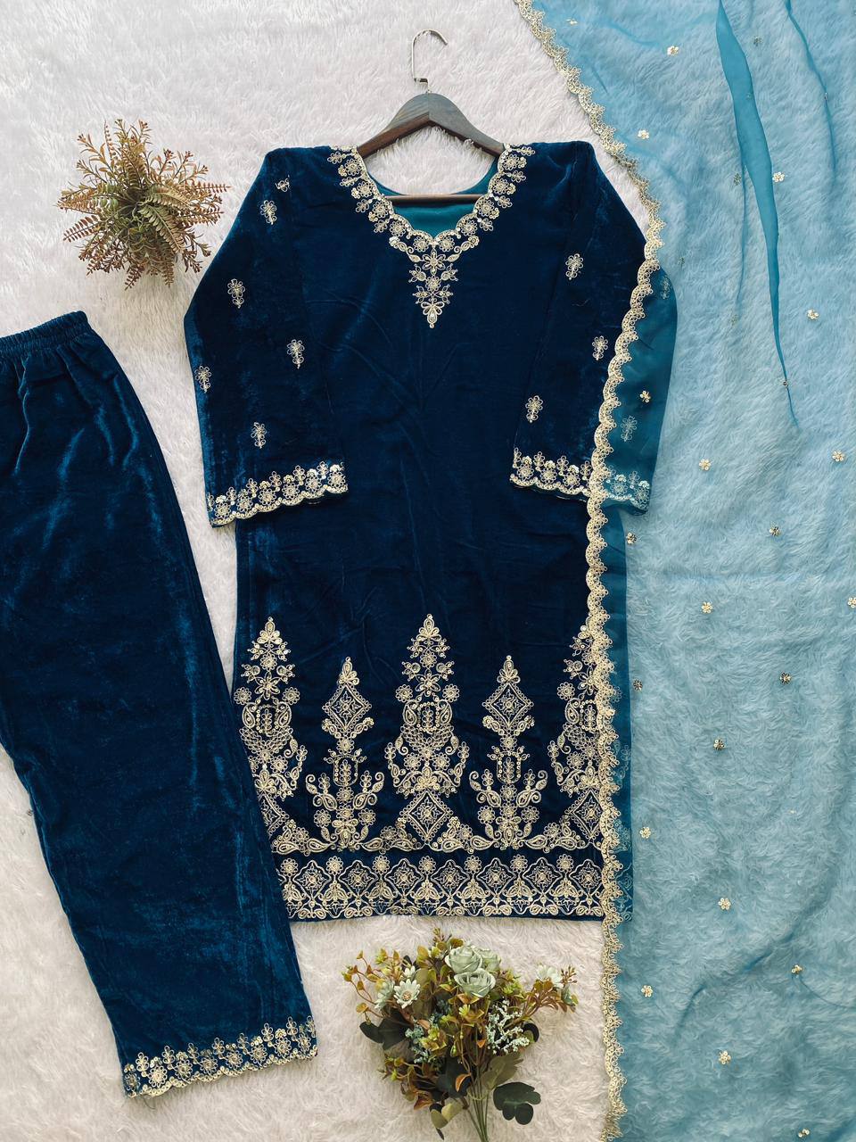 Designer Velvet Embroidered Palazzo Suit with Organza Dupatta