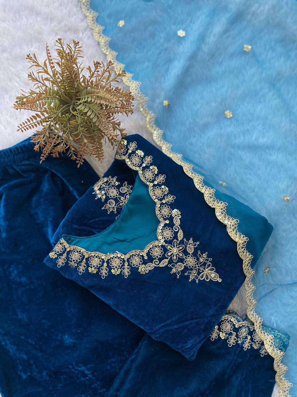 Designer Velvet Embroidered Palazzo Suit with Organza Dupatta