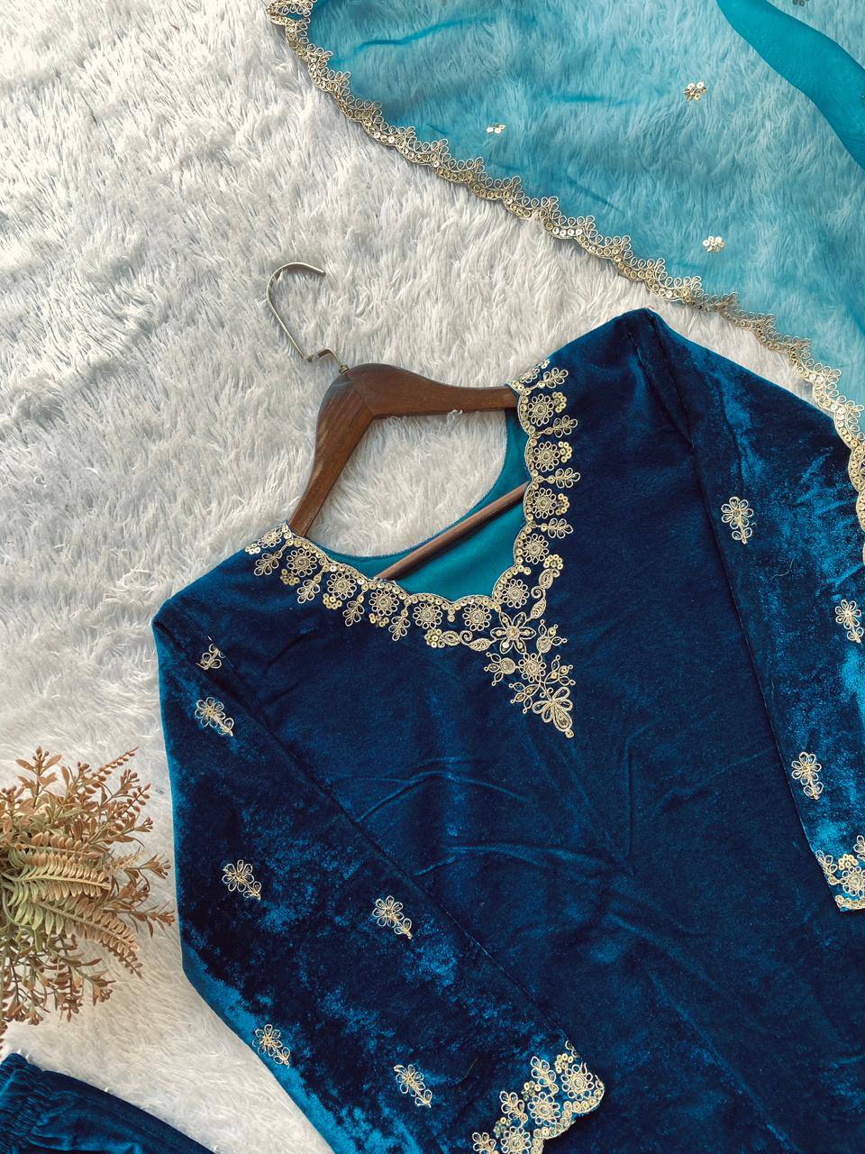 Designer Velvet Embroidered Palazzo Suit with Organza Dupatta