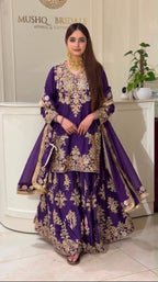 Sharvika Natural Silk Chain Sequins Embroidered Palazzo Suit with Georgette Dupatta