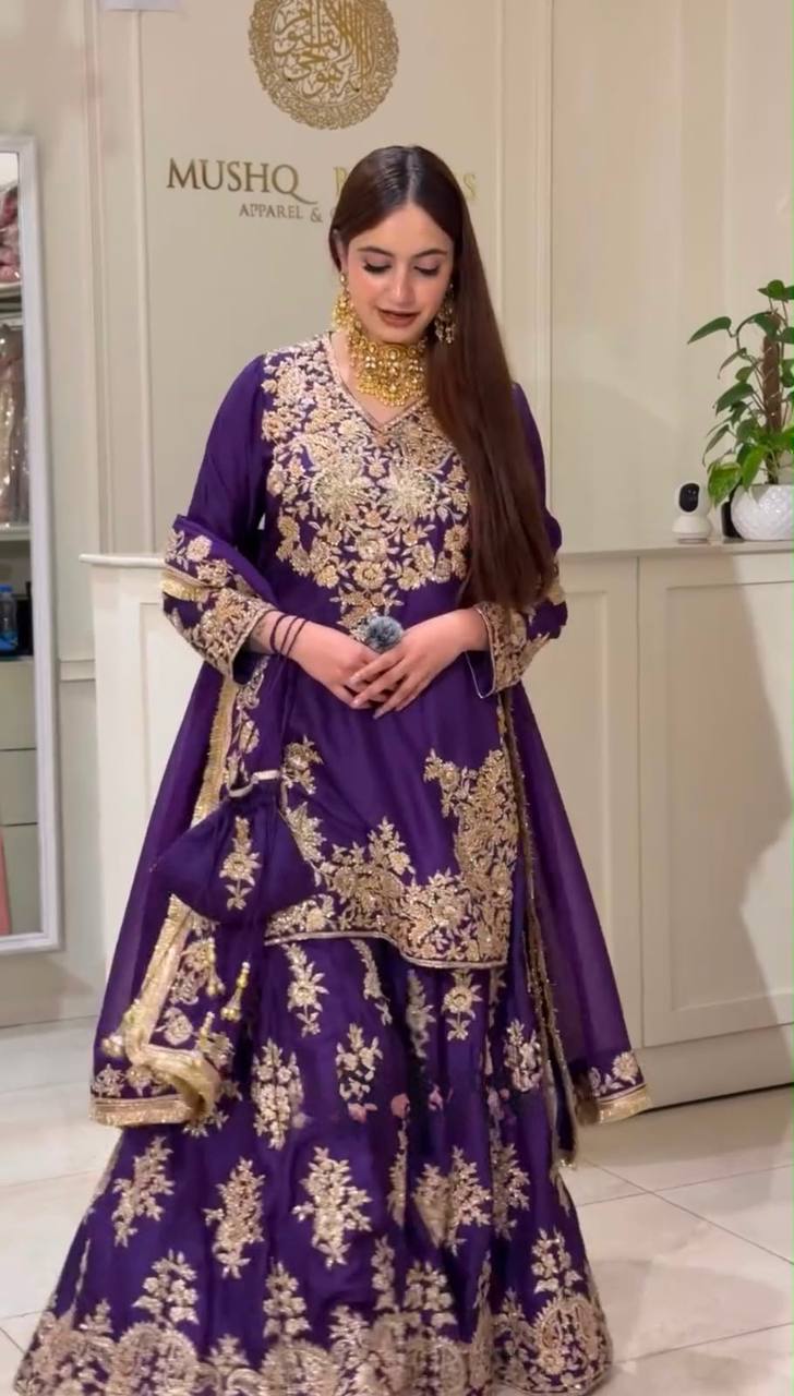 Sharvika Natural Silk Chain Sequins Embroidered Palazzo Suit with Georgette Dupatta