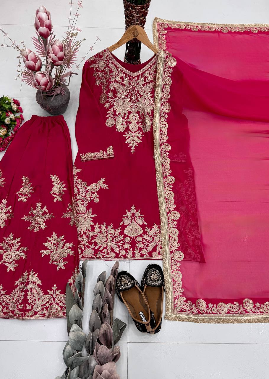 Sharvika Natural Silk Chain Sequins Embroidered Palazzo Suit with Georgette Dupatta