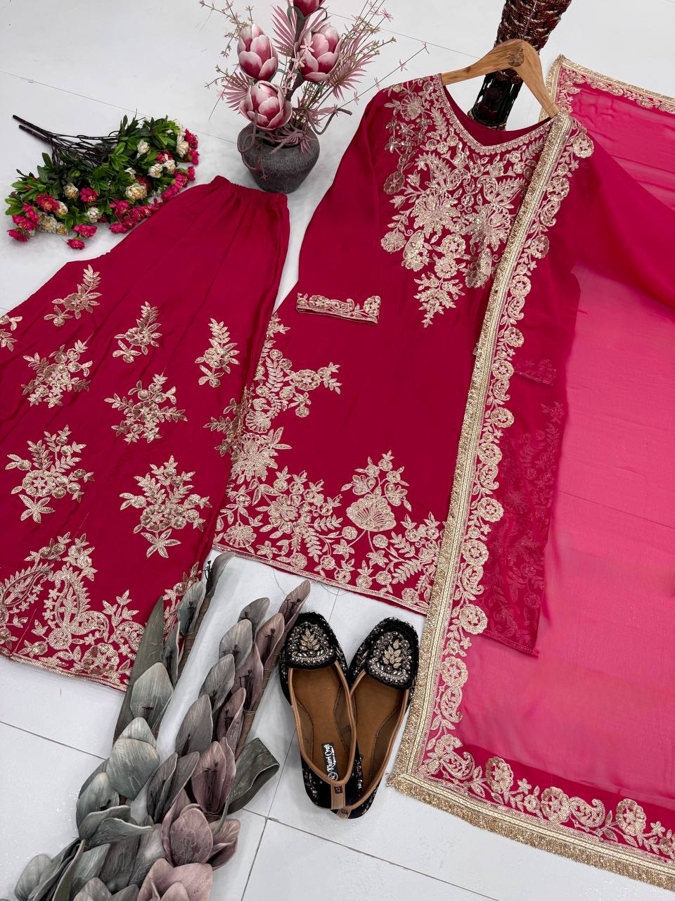 Sharvika Natural Silk Chain Sequins Embroidered Palazzo Suit with Georgette Dupatta