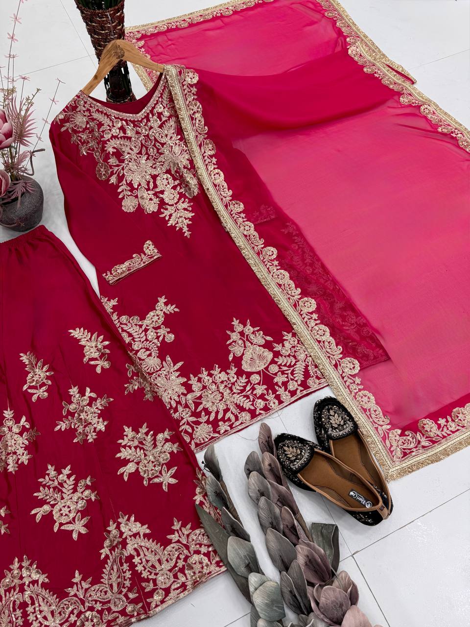 Sharvika Natural Silk Chain Sequins Embroidered Palazzo Suit with Georgette Dupatta