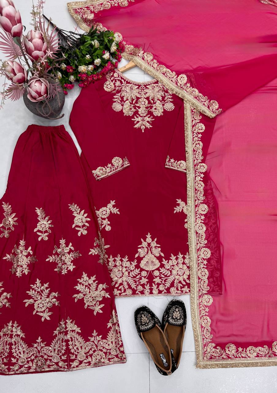 Sharvika Natural Silk Chain Sequins Embroidered Palazzo Suit with Georgette Dupatta