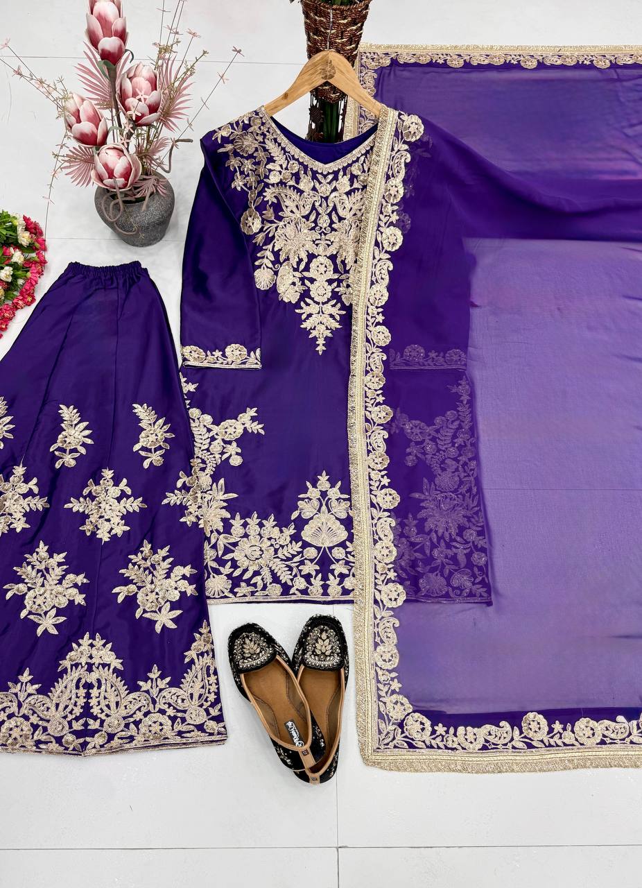 Sharvika Natural Silk Chain Sequins Embroidered Palazzo Suit with Georgette Dupatta
