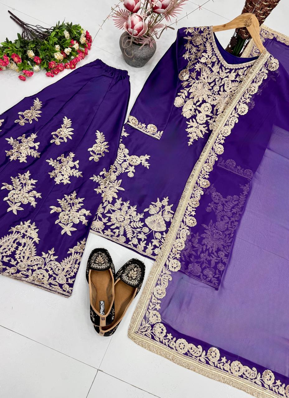 Sharvika Natural Silk Chain Sequins Embroidered Palazzo Suit with Georgette Dupatta