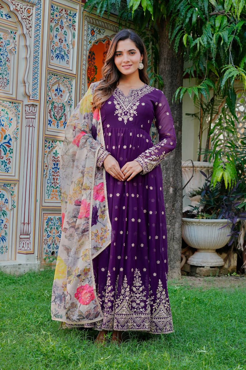 Designer Georgette Gown with Thread & Sequin Work Dupatta