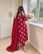 Samaira Heavy Chinon Embroidered Long Top Pant Suit with Moti Latkan Work