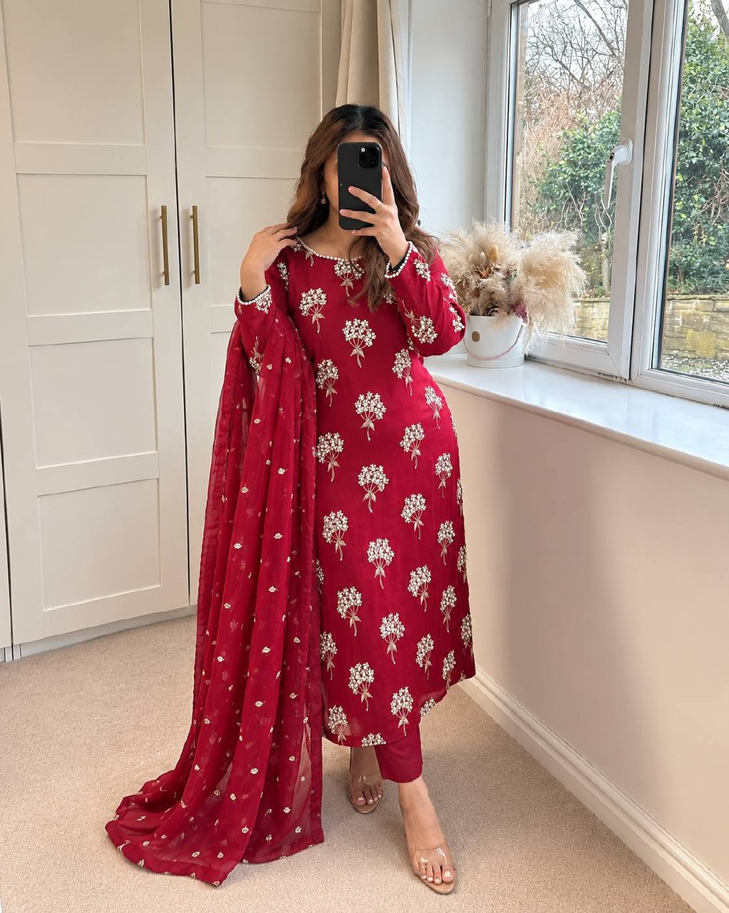 Samaira Heavy Chinon Embroidered Long Top Pant Suit with Moti Latkan Work