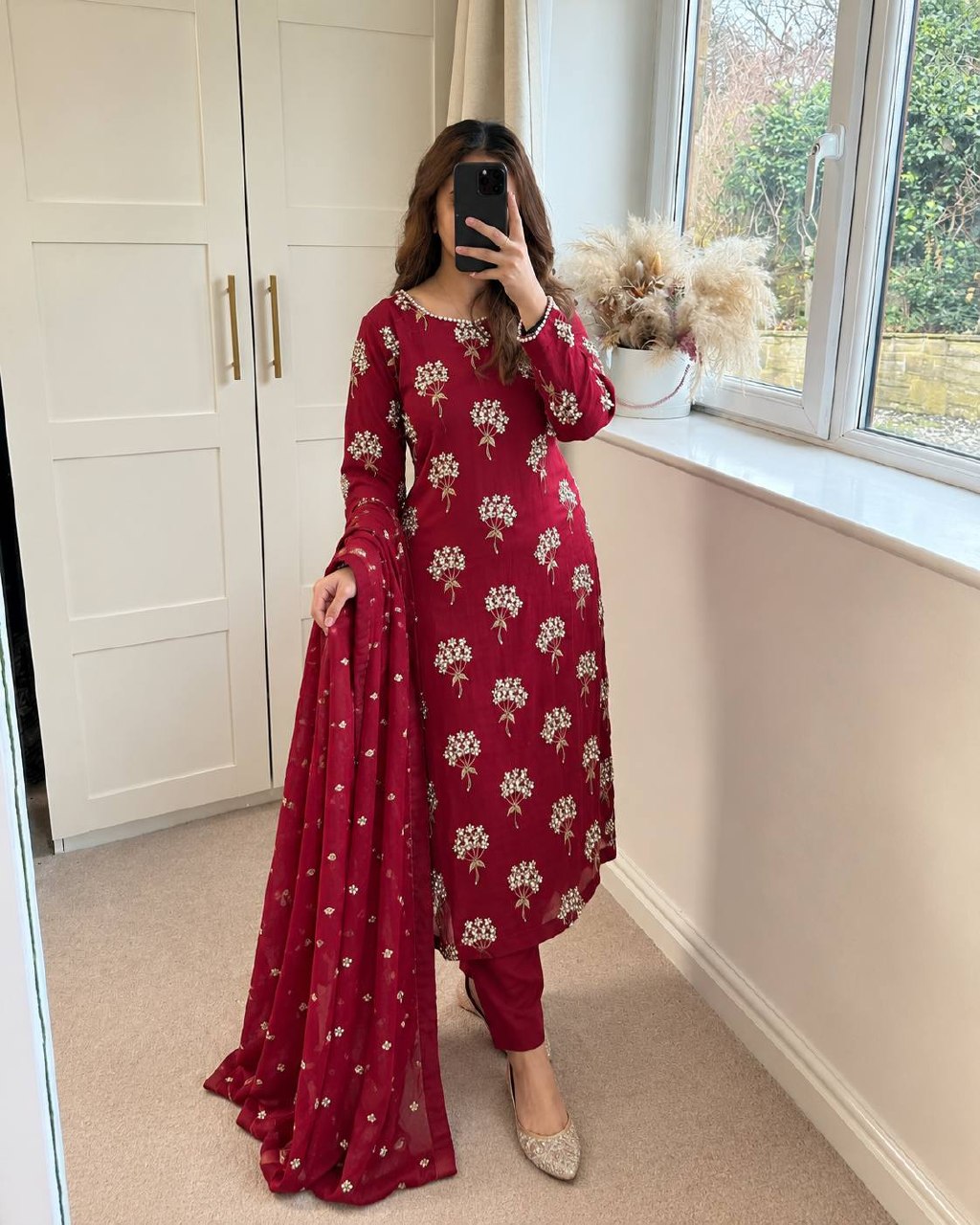 Samaira Heavy Chinon Embroidered Long Top Pant Suit with Moti Latkan Work
