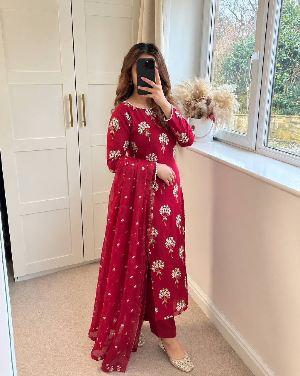Samaira Heavy Chinon Embroidered Long Top Pant Suit with Moti Latkan Work